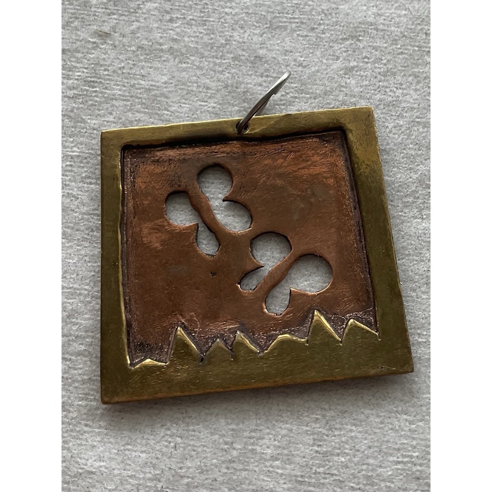 Vintage Coooer & Brass Square Modernist Pendant Cutout Designs Estate Jewelry